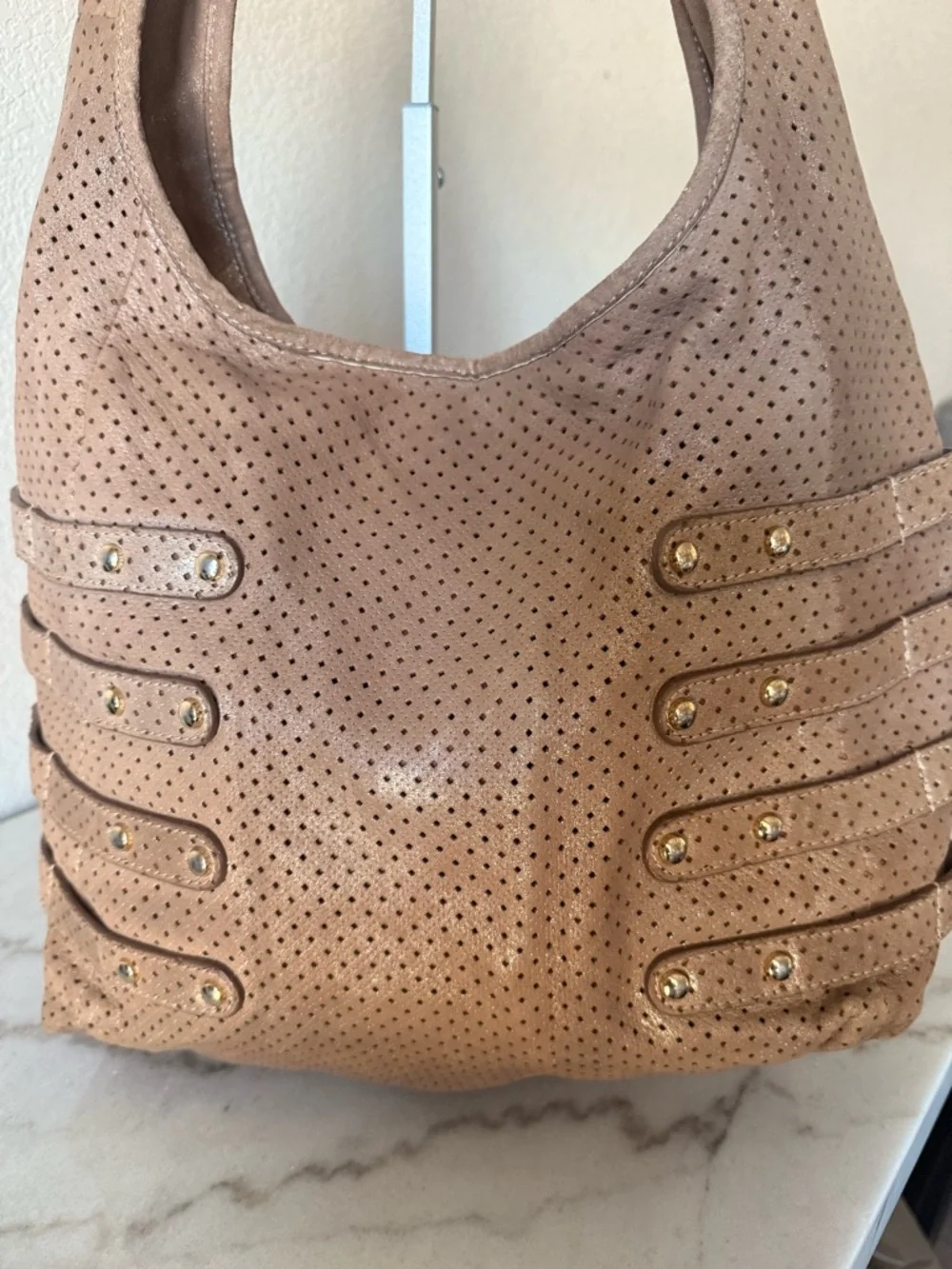 Jimmy Choo Bardia Perforated Shimmer Suede Buckle Strap Hobo Shoulder Bag - Picture 7 of 14
